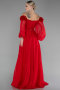Red Floral Boat Neck Long Sleeve Chiffon Prom Gown ABU4130