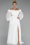 White Boat Neck Long Sleeve Plus Size Chiffon Prom Gown ABU4131