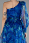 Sax Blue One Sleeve Slit Long Patterned Prom Gown ABU4206
