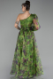 Green One Sleeve Slit Long Patterned Prom Gown ABU4206