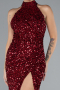 Burgundy Halter Neck Slit Long Scaly Evening Gown ABU4306