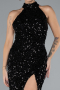 Black Halter Neck Slit Long Scaly Evening Gown ABU4306