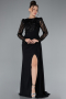Black Stoned Long Sleeve Slit Plus Size Evening Gown ABU4311