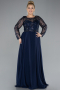 Navy Blue Embroidered Long Sleeve Chiffon Plus Size Evening Gown ABU4312