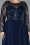 Navy Blue Embroidered Long Sleeve Chiffon Plus Size Evening Gown ABU4312