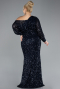 Navy Blue Slit Long Sleeve Scaly Plus Size Evening Gown ABU4313