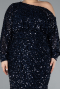 Navy Blue Slit Long Sleeve Scaly Plus Size Evening Gown ABU4313