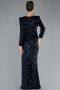 Navy Blue Long Sleeve Slit Sequined Evening Gown ABU4329