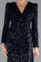Navy Blue Long Sleeve Slit Sequined Evening Gown ABU4329