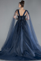 Navy Blue Sleeveless Stoned Long Haute Couture Dress ABU4432