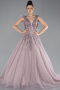 Rose Colored Sleeveless Stoned Long Haute Couture Dress ABU4433