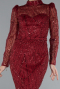 Burgundy Long Sleeve High Collar Stoned Evening Gown ABU4526