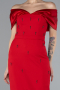 Red Satin Boat Neck Stone Midi Evening Dress ABK2212
