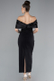 Black Satin Boat Neck Stone Midi Evening Dress ABK2212