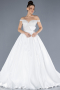 White Pearled Boat Neck Long Satin Plus Size Wedding Dress ABG092