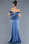 Indigo Boat Neck Slit Satin Long Prom Gown ABU4582