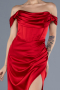 Red Boat Neck Slit Satin Long Prom Gown ABU4582