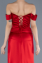 Red Boat Neck Slit Satin Long Prom Gown ABU4582