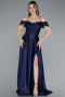 Navy Blue Off The Shoulder Slit Long Satin Prom Dress ABU4703