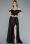 Black Off The Shoulder Slit Long Satin Prom Dress ABU4703