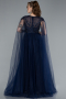 Navy Blue Beaded Cape Long Haute Couture Dress ABU4707