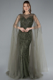 Olive Drab Beaded Cape Long Haute Couture Dress ABU4709