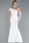 White Sequined One Shoulder Peplum Long Evening Gown ABU4730