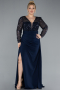 Navy Blue Sequined Long Sleeve Tail Plus Size Evening Gown ABU4711
