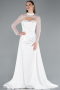 White Long Sleeve Bustier Detailed Sequin Train Satin Evening Gown ABU4765