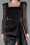Black Beaded Long Sleeve Slit Satin Evening Gown ABU4781
