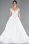 White Pearled Boat Neck Long Satin Wedding Dress ABG091
