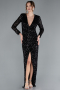 Black Long Sleeve V Neck Scaly Evening Gown ABU4763