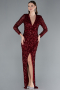 Burgundy Long Sleeve V Neck Scaly Evening Gown ABU4763