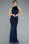 Navy Blue Halter Neck Long Beaded Mermaid Evening Gown ABU4791