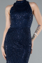 Navy Blue Halter Neck Long Beaded Mermaid Evening Gown ABU4791