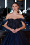 Navy Blue Off The Shoulder Stoned Ball Gown Prom Dress ABU4762