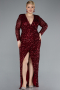 Burgundy Long Sleeve V Neck Scaly Plus Size Evening Gown ABU4764