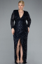Navy Blue Long Sleeve V Neck Scaly Plus Size Evening Gown ABU4764