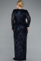 Navy Blue Long Sleeve V Neck Scaly Plus Size Evening Gown ABU4764
