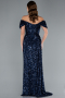 Navy Blue Boat Neck Slit Long Sequin Evening Gown ABU4843