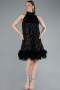 Black Halter Neck Feathered Skirt Sequined Party Dress ABK2348