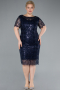 Navy Blue Short Sleeve Beaded Midi Evening Gown ABK2330