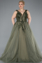 Olive Drab Sleeveless Stoned Long Plus Size Haute Couture Dress ABU4456