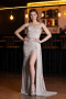 Beige Strapless Beaded Slit Long Evening Gown ABU4871
