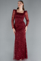 Burgundy Long Sleeve Stone Embellished Satin Train Evening Dress ABU4603