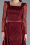 Burgundy Long Sleeve Stone Embellished Satin Train Evening Dress ABU4603