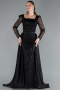 Black Long Sleeve Square Neckline Beaded Portable Tails Evening Gown ABU4603