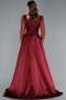 Burgundy Long Sleeve Stone Embellished Satin Train Evening Dress ABU4603