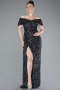 Anthracite Boat Neck Slit Long Sequin Evening Gown ABU4843