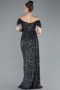 Anthracite Boat Neck Slit Long Sequin Evening Gown ABU4843